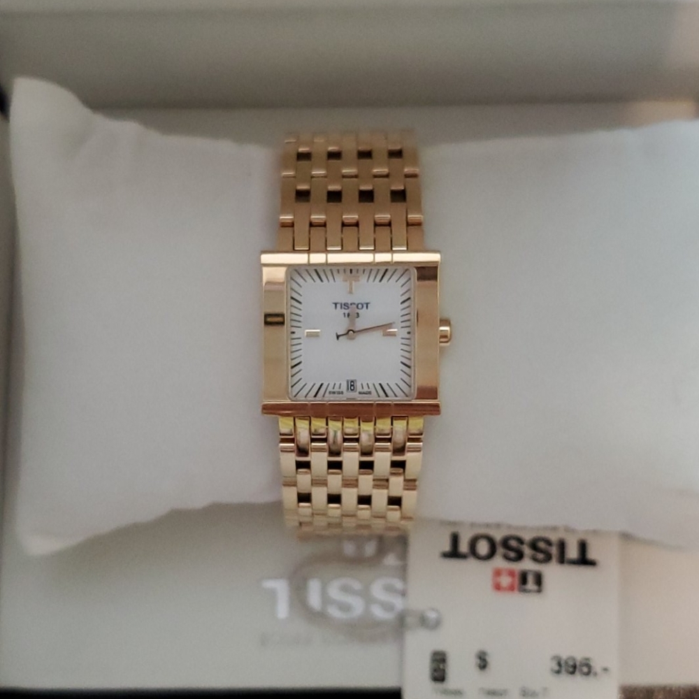 Tissot Women’s Square Gold Tone Bracelet Watch with White Dial